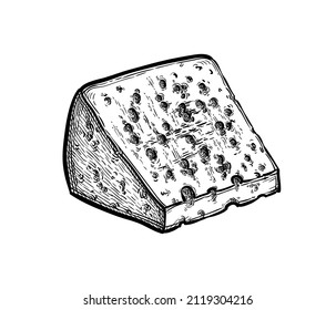 Roquefort cheese. Ink sketch isolated on white background. Hand drawn vector illustration. Vintage style stroke drawing.