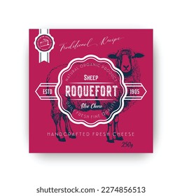 Roquefort cheese made from raw sheep milk. Family farm, meal imported from France. Natural and organic ingredients, dieting and nourishment. Label or emblem for package, vector in flat style