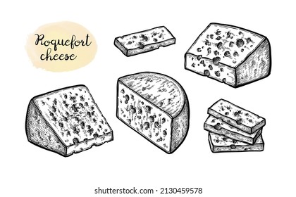 Roquefort cheese set. Ink sketch collection isolated on white background. Hand drawn vector illustration. Vintage style stroke drawing.