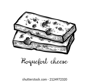 Roquefort cheese slices. Ink sketch isolated on white background. Hand drawn vector illustration. Vintage style stroke drawing.