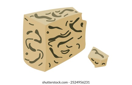 Queijo Roquefort, gorgonzola ou Stilton com bolor azul nobre, ilustração vetorial destacada sobre fundo branco. Uma ilustração plana de um grande pedaço de queijo com uma pequena peça separada de