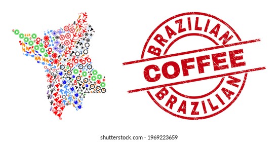 Roraima State map collage and Brazilian Coffee red round badge. Brazilian Coffee badge uses vector lines and arcs. Roraima State map collage contains helmets, homes, screwdrivers, suns, wine glasses,