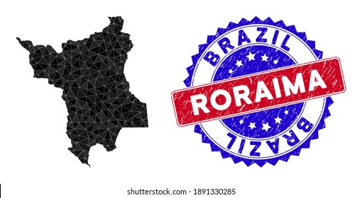 Roraima State map polygonal mesh with filled triangles, and rubber bicolor stamp print. Triangle mosaic Roraima State map with mesh vector model, triangles have various sizes, and positions,