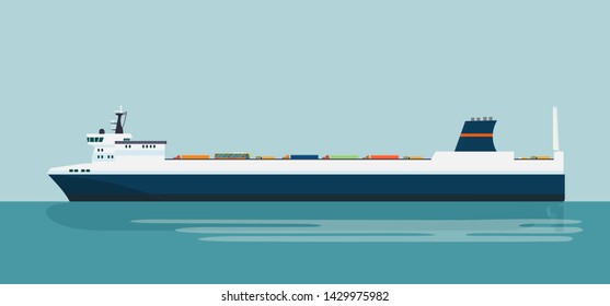 Roro carrier ship isolated. Vector flat style illustration.