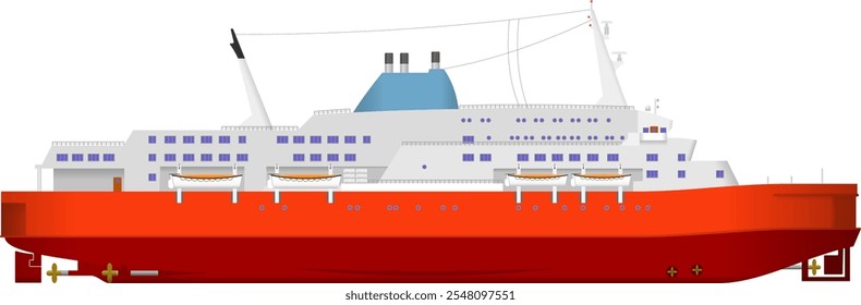 Ferry Ro-Ro. Perfil lateral de um ferry roll-on-roll-off, típico do tipo utilizado na rota Dover-Calais nos anos 80. Ilustração isolada de vetor.