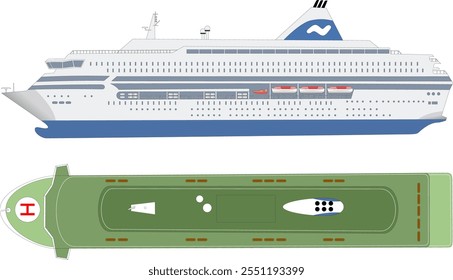 Ro-Ro Passenger Ferry. Side and top profile of a roll-on-roll-off passenger ferry. Isolated vector illustration.