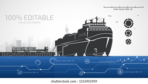 Roro ship and cars on the pier, infographic.