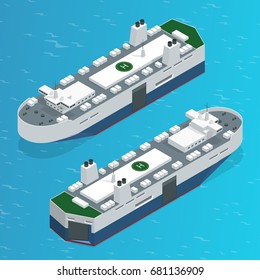 RORO or ro-ro ships vessels designed to carry wheeled cargo, such as cars, trucks, semi-trailer trucks, trailers, and railroad cars. Vector isometric ships isolated set