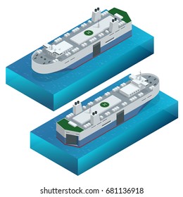 RORO or ro-ro ships vessels designed to carry wheeled cargo, such as cars, trucks, semi-trailer trucks, trailers, and railroad cars. Vector isometric ships isolated set