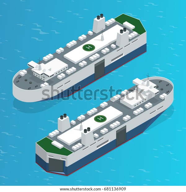 RORO or ro-ro ships\
vessels designed to carry wheeled cargo, such as cars, trucks,\
semi-trailer trucks, trailers, and railroad cars. Vector isometric\
ships isolated set