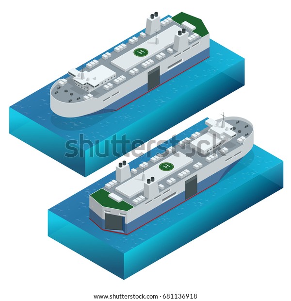 RORO or ro-ro ships\
vessels designed to carry wheeled cargo, such as cars, trucks,\
semi-trailer trucks, trailers, and railroad cars. Vector isometric\
ships isolated set