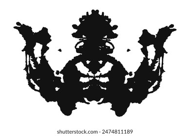 Rorschach negro salpicadura abstracta. Diseño pulido a mano simétrico de tinta. Silueta geométrica para pruebas psicológicas.