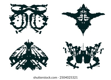 Salpicadura abstracta negra Rorschach. Tinta simétrica cepillado a mano diseño. Silueta geométrica para prueba psicológica.