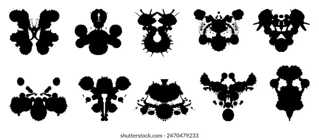 Rorschach manchas. Herramientas de pruebas de psicología y psiquiatría, salud mental y diagnóstico de enfermedades. Pintura de manchas en diferentes Formas, conjunto de Vector neoteric