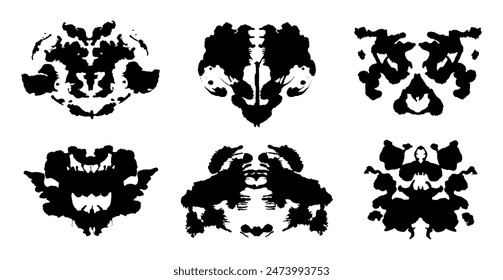 Rorschach inkblot test black silhouettes set. Symmetrical ink stain, psychology tests silhouettes