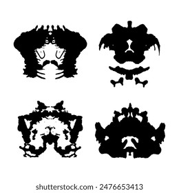 Rorschach Tintenkleckse Test schwarze Silhouetten Set. Symmetrische Tintenflecken, psychologische Tests Silhouetten