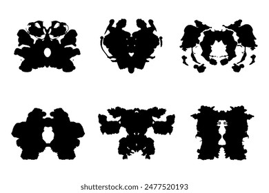 Rorschach inkblot test black silhouettes set. Symmetrical ink stain, psychology tests silhouettes