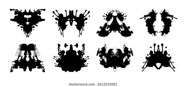 Rorschach inkblot test cards set - black symmetric abstract random shapes silhouettes, psychological assessment tool. Surreal stains for psycho diagnostic projective personality evaluation method