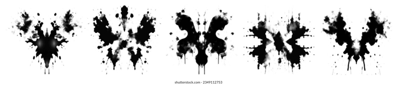 Rorschach inkblot test in halftone texture. Symmetrical abstract ink stains for grunge punk design. Geometric glitch distressed shapes with halftone dither dot print texture. Vector illustration