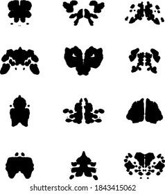 Rorschach test cards. Vector illustration. Psychiatric method, psychology. Set with symmetrical abstract ink stains, blobs, splash inkblots. Isolated on white background. 