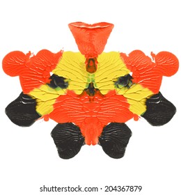 Rorschach test, handmade, acrylic on paper blots, abstract symmetric shapes in painting. In color.  Isolated. Vector.