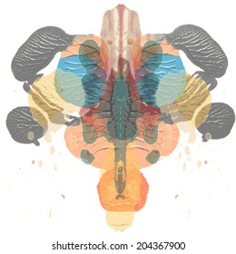 Rorschach test, handmade, acrylic on paper blots, abstract symmetric shapes in painting. In color.  Isolated. Vector.
