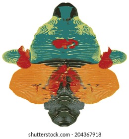 Rorschach test, handmade, acrylic on paper blots, abstract symmetric shapes in painting. In color.  Isolated. Vector.
