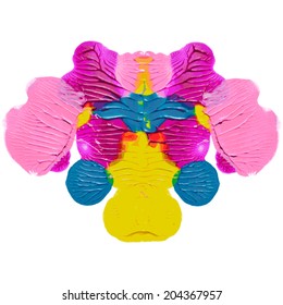 Rorschach test, handmade, acrylic on paper blots, abstract symmetric shapes in painting. In color.  Isolated. Vector.