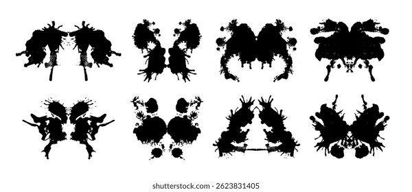 Rorschach test inkblots set isolated on white background. Vector realistic illustration of abstract black ink stains for mental treatment, abstract silhouettes for psychology examination, tattoo image