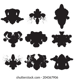 Rorschach test set, handmade, acrylic on paper blots, abstract symmetric shapes in painting. Black and white. Isolated. Vector. 