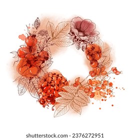 Rosa Canina vector seamless border. Sketch graphic of the rose hip.