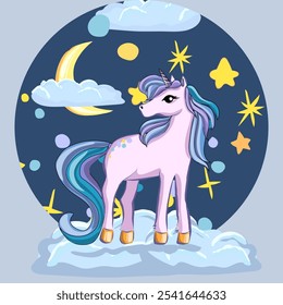 Rosa unicorn illustration with Night sky, moon, clouds and stars. Free hand draw. Vector.