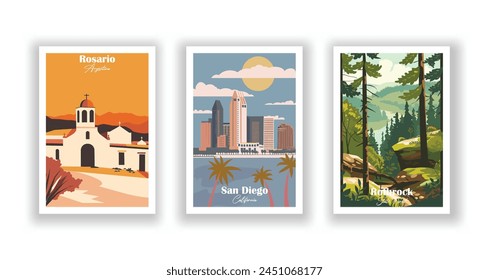 Rosario, Argentina, Rothrock State Forest, San Diego, California - Vintage travel poster. Vector illustration. High quality prints