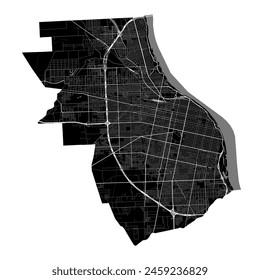 Rosario city map, Rosario, Argentina. Municipal administrative borders, black and white area map with rivers and roads, parks and railways. Vector illustration.