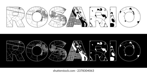 Rosario City Name (Argentina, South America) with black white city map illustration vector