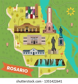 Rosario city or town map with landmarks. Argentina sightseeing places. Cascadas del Saladillo waterfall, Juan B. Castagnino Fine Arts Museum, Bandera or flag, immigrant monument. Travel and tourism