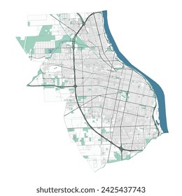 Rosario mapa, Rosario, ciudad en Argentina. Mapa del área administrativa municipal con ríos y carreteras, parques y vías férreas. Ilustración vectorial.