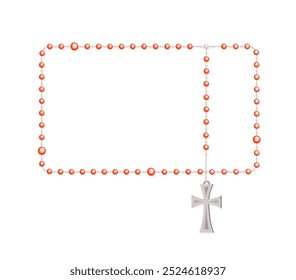 Conceito de contas de rosário. Contas católicas vermelhas com cruz. Religião e fé, crença, espiritualidade. Joias sagradas. Modelo e layout. Ilustração de vetor plano isolada no plano de fundo branco