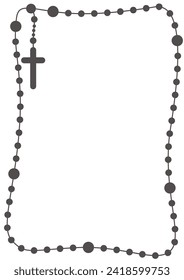 Rosary beads frame with copyspace for text. Chain and cross. Religion Christian catholic symbol. Vector silhouette border