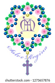 Rosary beads interwoven in the wreath of roses, with a monogram in the middle, and the inscription Salve Regina