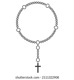 Rosary beads line illustration. Prayer jewelry for meditation. Catholic chaplet with a cross. Religion symbol. Vector