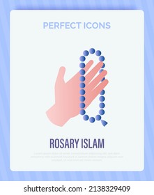 Rosary beads, praying hands. Islam, religious accessory. Gradient flat icon. Vector illustration.