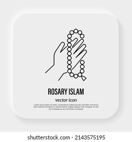 Rosary beads, praying hands. Islam, religious accessory. Thin line icon. Vector illustration.