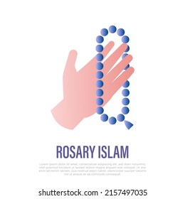 Rosary beads, praying hands. Islam, religious accessory. Gradient flat icon. Vector illustration.