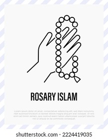 Rosary beads, praying hands. Islam, religious accessory. Thin line icon. Vector illustration.