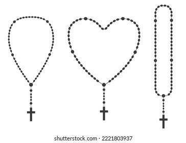 Rosary beads silhouettes set. Prayer heart shaped jewellery for meditation. Catholic chaplet with a cross. Religion symbol. Vector isolated illustration