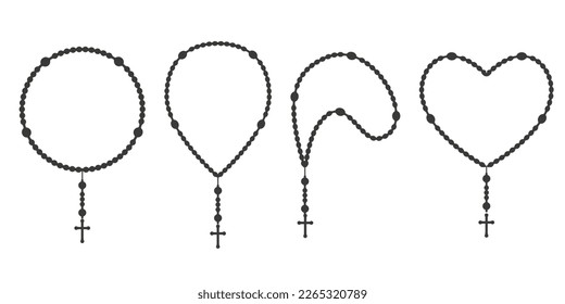 Rosary beads silhouettes set. Prayer heart shaped jewellery for meditation. Catholic chaplet with a cross. Religion symbol. Vector isolated illustration