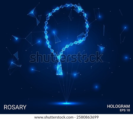 Rosary hologram. Rosary is made of polygons, triangles, dots, and lines. Rosary is a low-poly compound structure. Technology concept vector.