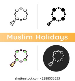 Rosary icon. Muslim religious item. National misbaha. Beads represents names. Used to keep count while saying prayer. Linear black and RGB color styles. Isolated vector illustrations