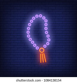 Rosary neon sign. Islamic beads for praying. Night bright advertisement. Vector illustration in neon style for religious celebration or spiritual practice